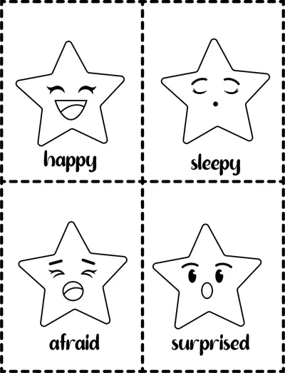 Four cut-out cards show small stars labelled happy, sleepy, afraid and surprised with dashed borders.
