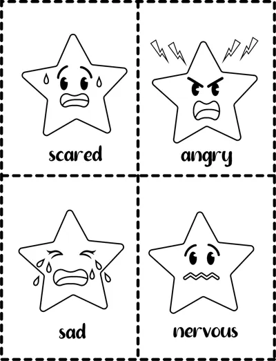 Four cut-out cards show small stars labelled scared, angry, sad and nervous with dashed borders.