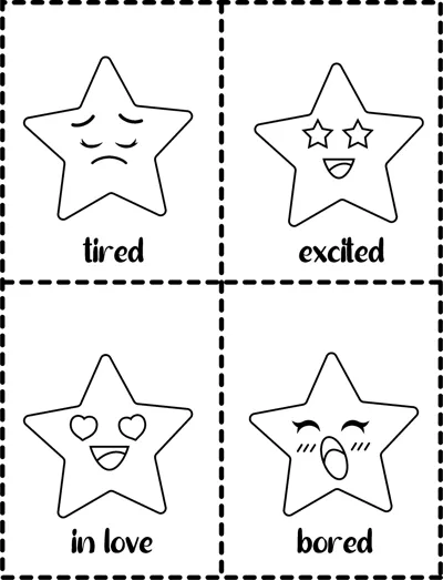 Four cut-out cards show small stars labelled tired, excited, in love and bored with dashed borders.