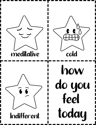 Three cut-out cards show stars labelled meditative, cold and indifferent, with a fourth card reading how do you feel today.