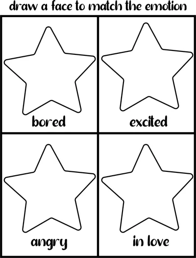 Four blank stars labelled bored, excited, angry and in love, with the instruction to draw a matching face.