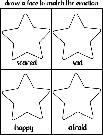 Four blank stars in a grid labelled scared, sad, happy and afraid, with the instruction to draw a matching face.