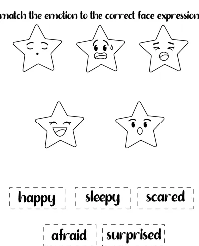 Five small star faces at the top and five feeling words in boxes below to match them to.