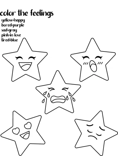 Five star faces scattered on the page with a key telling which color matches each feeling.