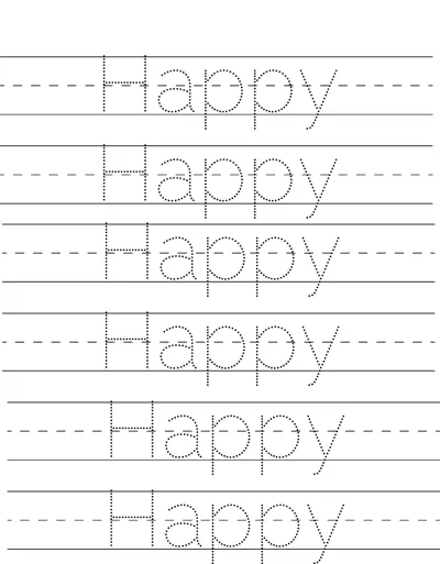 Six rows of dotted handwriting lines with the word Happy to trace on each.