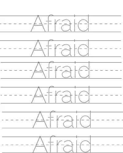 Six rows of dotted handwriting lines with the word Afraid to trace on each.