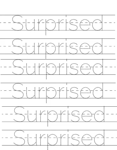 Six rows of dotted handwriting lines with the word Surprised to trace on each.