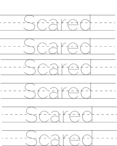 Six rows of dotted handwriting lines with the word Scared to trace on each.