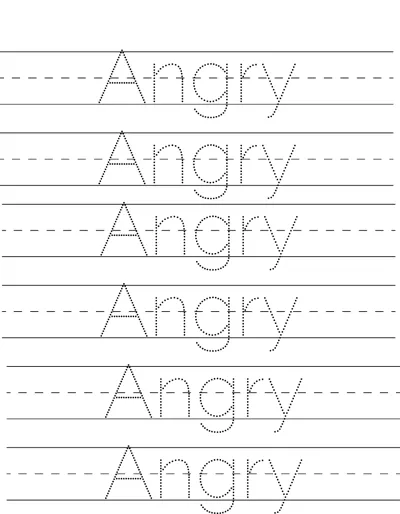 Six rows of dotted handwriting lines with the word Angry to trace on each.