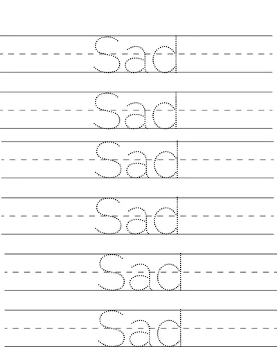 Six rows of dotted handwriting lines with the word Sad to trace on each.