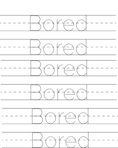 Six rows of dotted handwriting lines with the word Bored to trace on each.