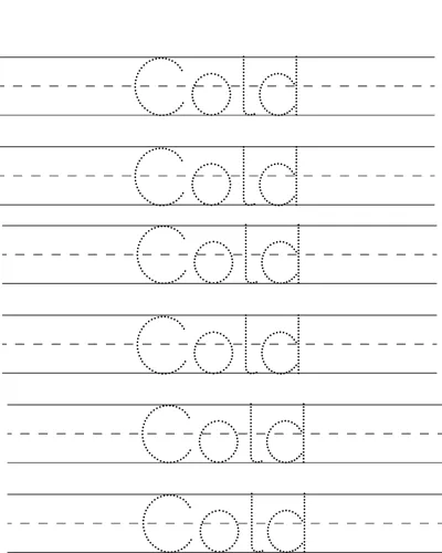 Six rows of dotted handwriting lines with the word Cold to trace on each.