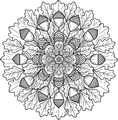 A round mandala of oak leaves and acorns with criss-cross patterned caps, arranged in rings around a flower-shaped centre.
