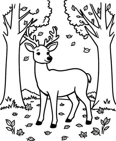 A young deer with branching antlers stands between two tall trees as leaves fall around it on the forest floor.