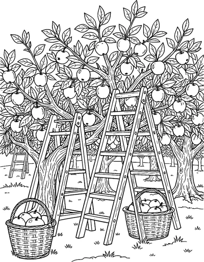 Two wooden ladders lean into leafy apple trees full of fruit, with two woven baskets of apples on the grass below.