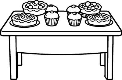 A simple wooden table holds four pies with fruit and lattice tops and four muffins in paper cases.