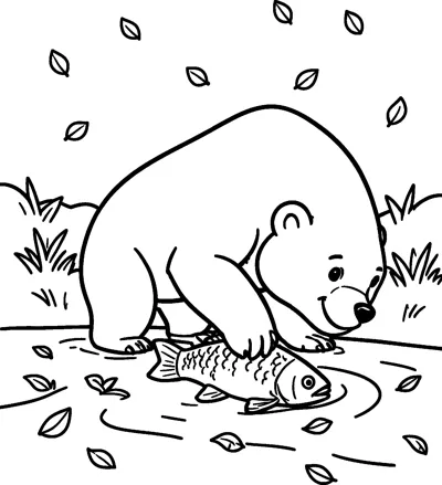 A smiling bear leans over a shallow stream and pins a big fish with its paw while leaves fall all around.