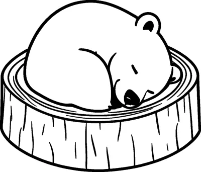 A round little bear cub lies curled up fast asleep inside the hollow top of a wide tree stump.