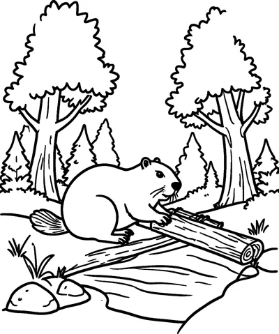 A chubby beaver pushes a pile of logs beside a stream, with two leafy trees and small pine trees behind it.