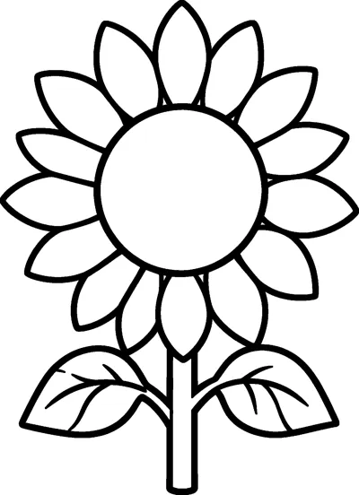 A large sunflower with a plain round centre, two rings of pointed petals, a straight stem and two veined leaves.