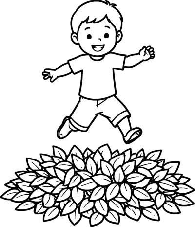 A smiling boy in shorts and a t-shirt leaps with arms wide above a big pile of leaves.