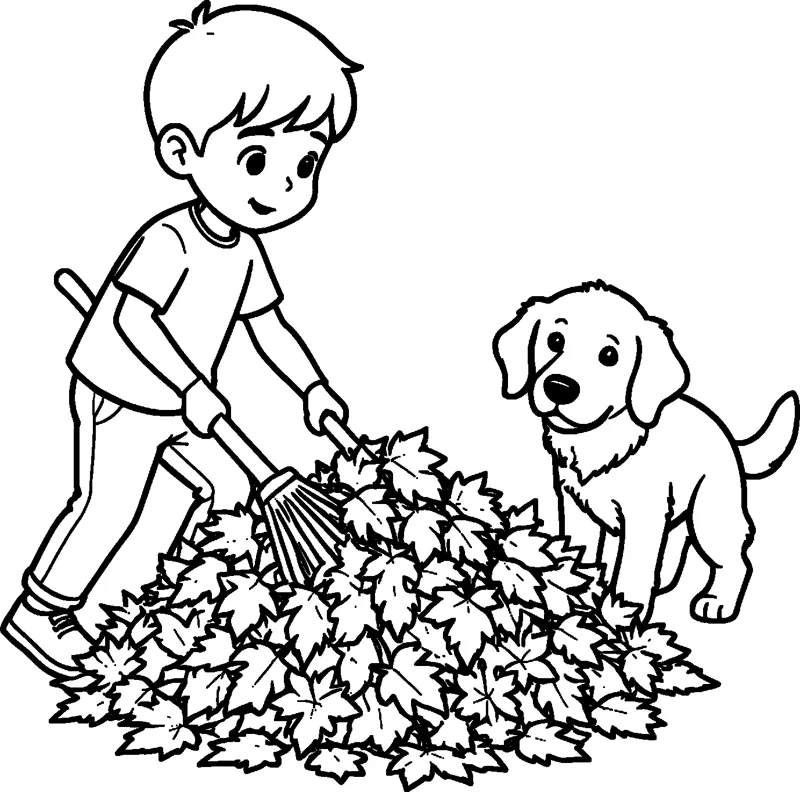 A boy rakes a big pile of maple leaves while a fluffy puppy with floppy ears stands beside the pile watching.