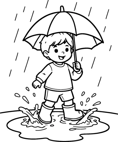 A smiling boy holding an umbrella stomps through a puddle in wellington boots as rain falls.
