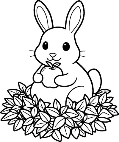 A round, cheerful bunny with tall ears sits in a heap of leaves, holding a small apple close to its chest.