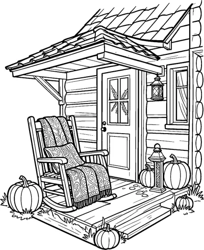 A log cabin porch has a rocking chair with a patterned blanket, two lanterns, a wooden door and pumpkins by the steps.
