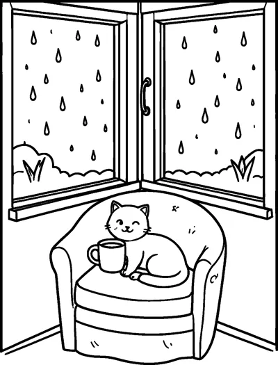 A happy cat curls up in a round armchair beside a mug, in a corner with two rainy windows behind it.