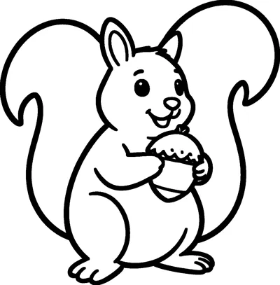 A chubby smiling squirrel with a huge bushy tail holds a large acorn in its front paws.