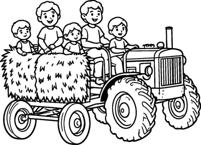 A happy family rides on a wagon piled with hay bales, pulled by an old farm tractor with big wheels.