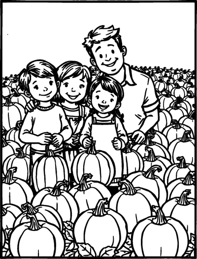 A smiling dad and three children stand among rows of pumpkins in a pumpkin patch.