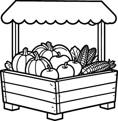 A wooden market crate with a scalloped awning, filled with pumpkins, apples and corn cobs ready to sell.