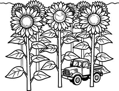 Tall sunflowers with big leaves stand in rows, and a small farm truck is parked between their stems at the bottom.