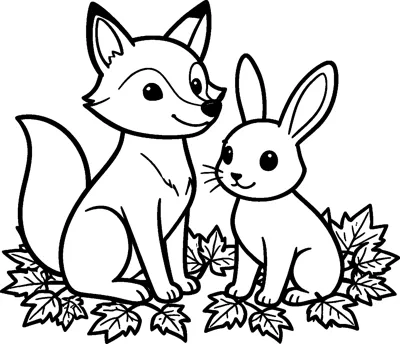 A young fox and a rabbit sit side by side on a bed of maple leaves.