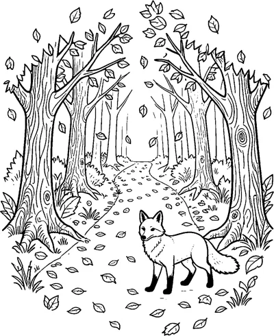 A fox stands on a woodland path between tall trees while leaves fall all around.