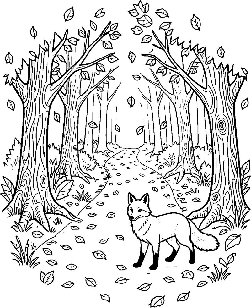 A fox stands on a woodland path between tall trees while leaves fall all around.