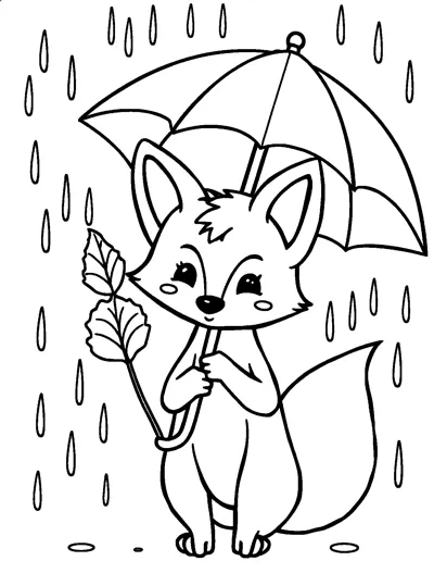 A fox standing in falling rain holding an open umbrella and a twig with two leaves, inside a frame.