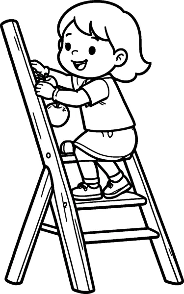 A smiling girl with a bob haircut climbs a tall wooden ladder, holding apples in her hands as she reaches up.