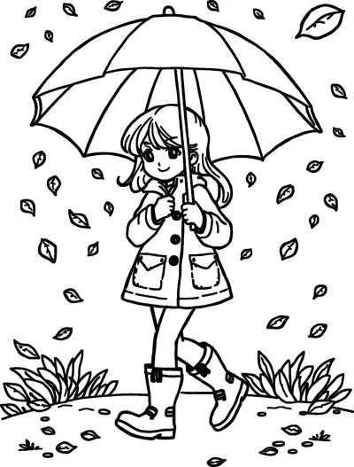 A girl in a buttoned raincoat and rain boots walks under a big umbrella as leaves fall.