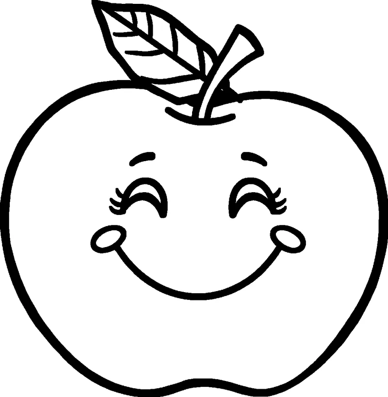 A smiling apple with closed happy eyes, round cheeks, a stem and a leaf.