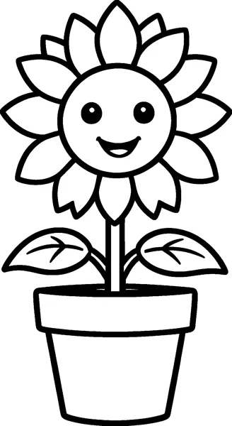 A smiling sunflower with big pointed petals and round eyes, growing from a plain flowerpot with two leaves.