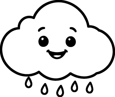 A fluffy smiling cloud with round eyes and an open happy mouth, with five raindrops falling below it.