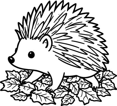 A hedgehog with a spiky back and a small pointed face walks across a bed of fallen leaves.