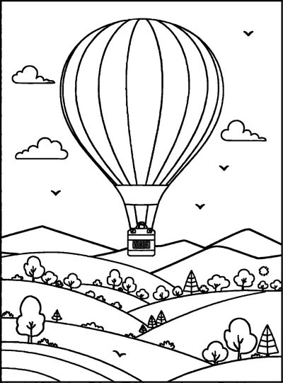 A striped hot air balloon floats over rolling hills dotted with trees, clouds and birds.