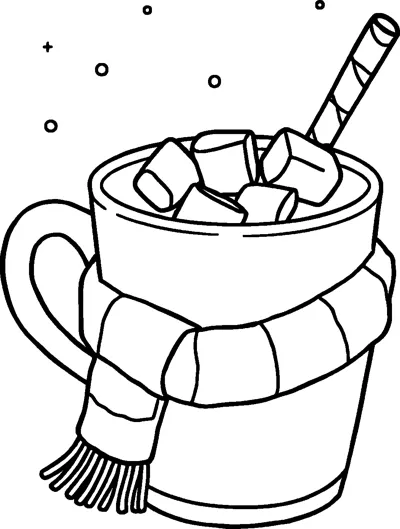 A mug of hot cocoa topped with marshmallows and a striped stick, wrapped in a fringed scarf.