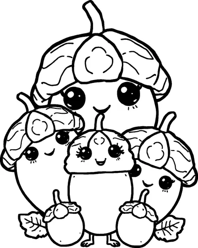 A family of smiling kawaii acorns with big shiny eyes and two little baby acorns.