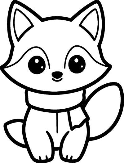 A cute fox with big eyes and pointed ears sits wearing a scarf, its bushy tail curled beside it.