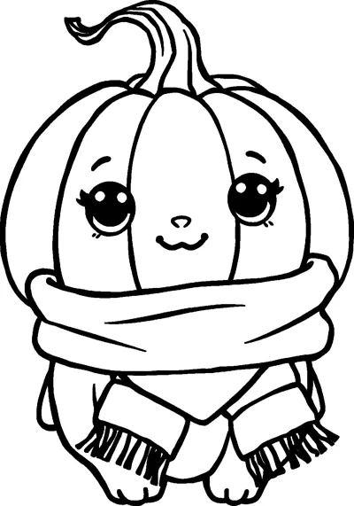 A cute pumpkin with big eyes and rosy cheeks wears a thick fringed scarf.